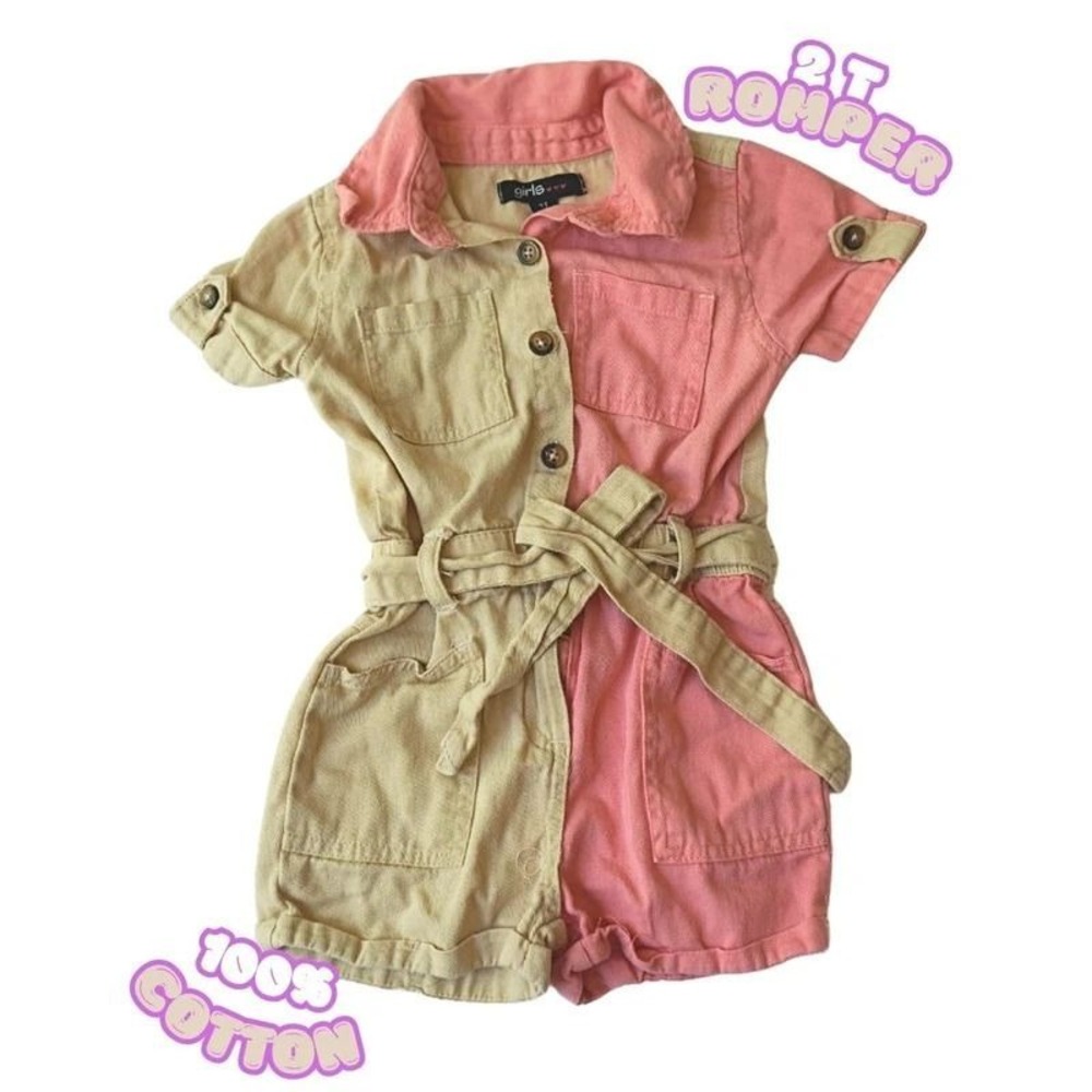 Girls 2T Cotton Romper Cream Pink Salmon Colorblock Short Sleeve Belted Jumpsuit